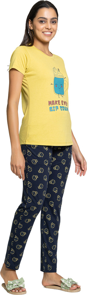 NIGHT Platter Women Graphic Print Yellow Night Suit Set Price in