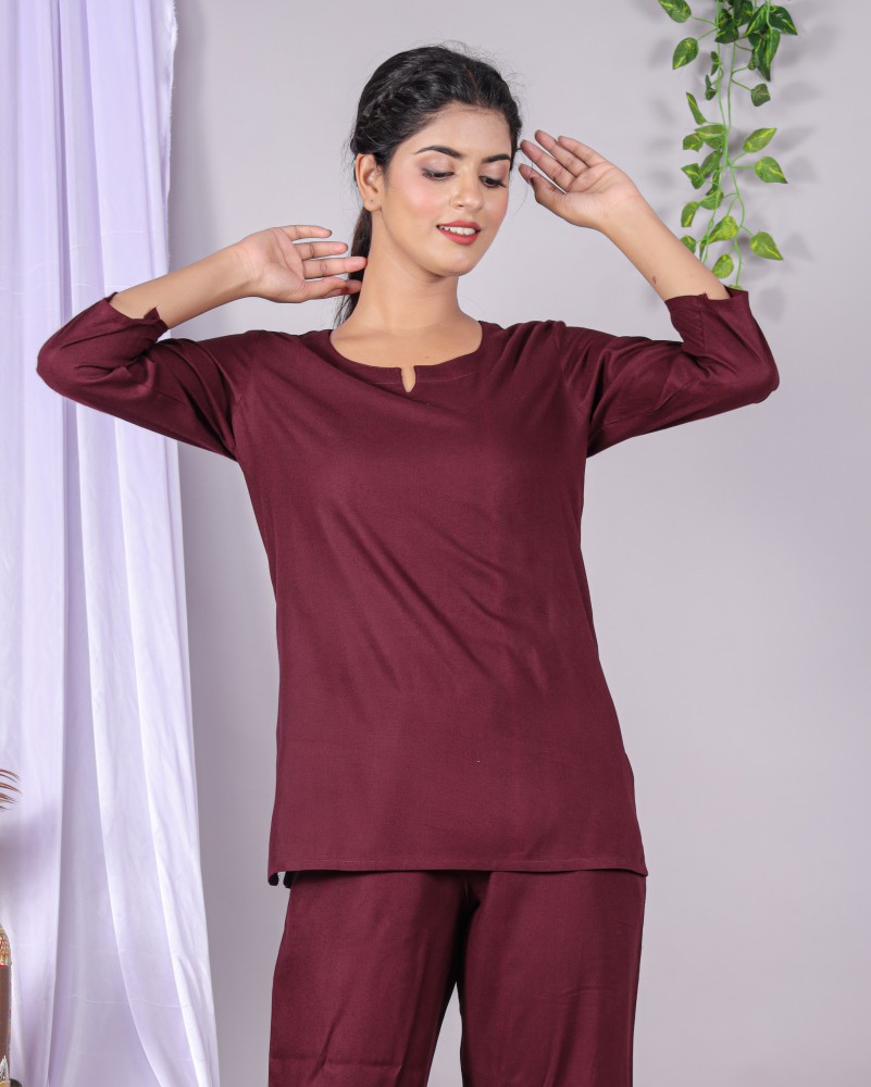 Uvula Women Solid Maroon Night Suit Set Price in India - Buy Uvula