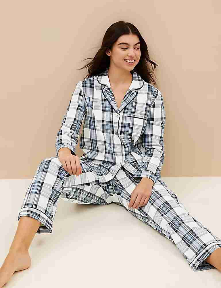 MARKS SPENCER Women Checkered White Blue Top Pyjama Set Price
