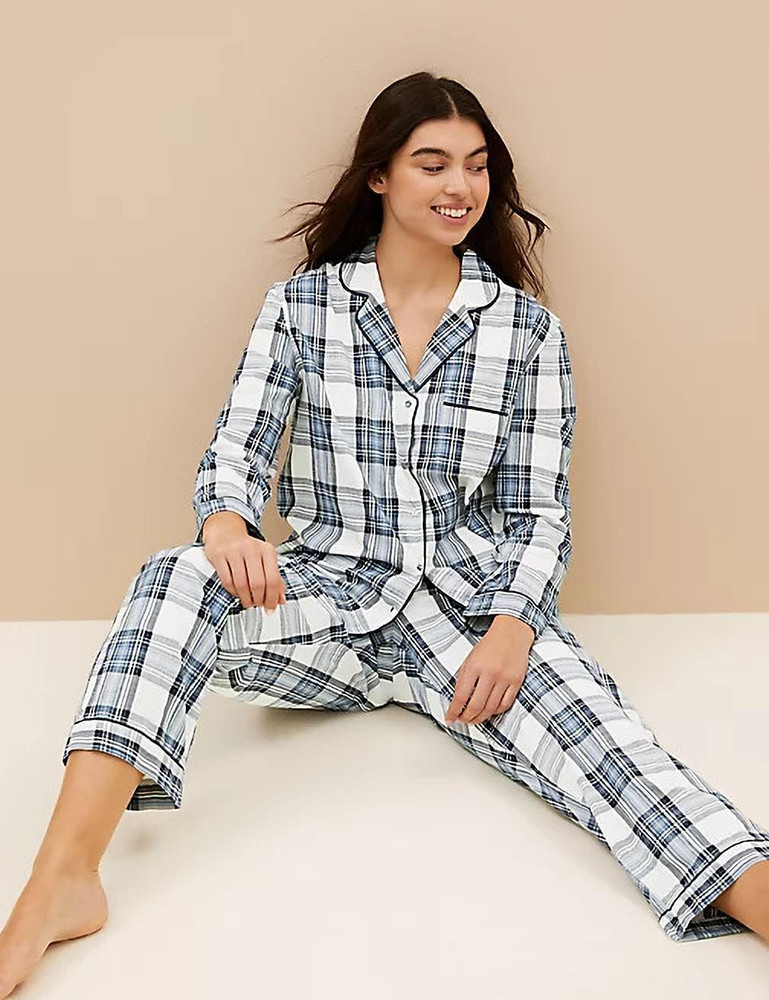 MARKS SPENCER Women Checkered White Blue Top Pyjama Set Price