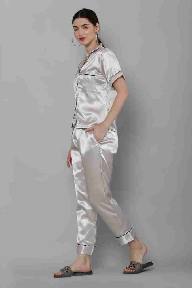 ZESHE MESHE Women Solid Silver Shirt Pyjama set