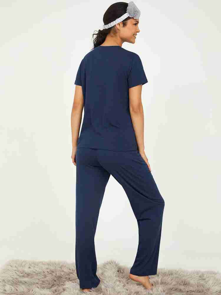 Styli Women Solid Blue Night Suit Set Price in India - Buy Styli