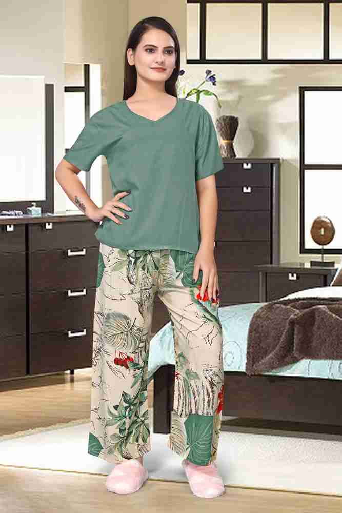TRITANTU Women Printed Green Beige Top Pyjama Set Price in
