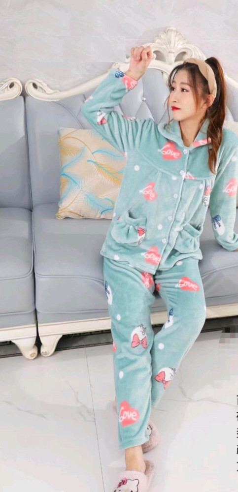 Camey Women Graphic Print Light Green Night Suit Set