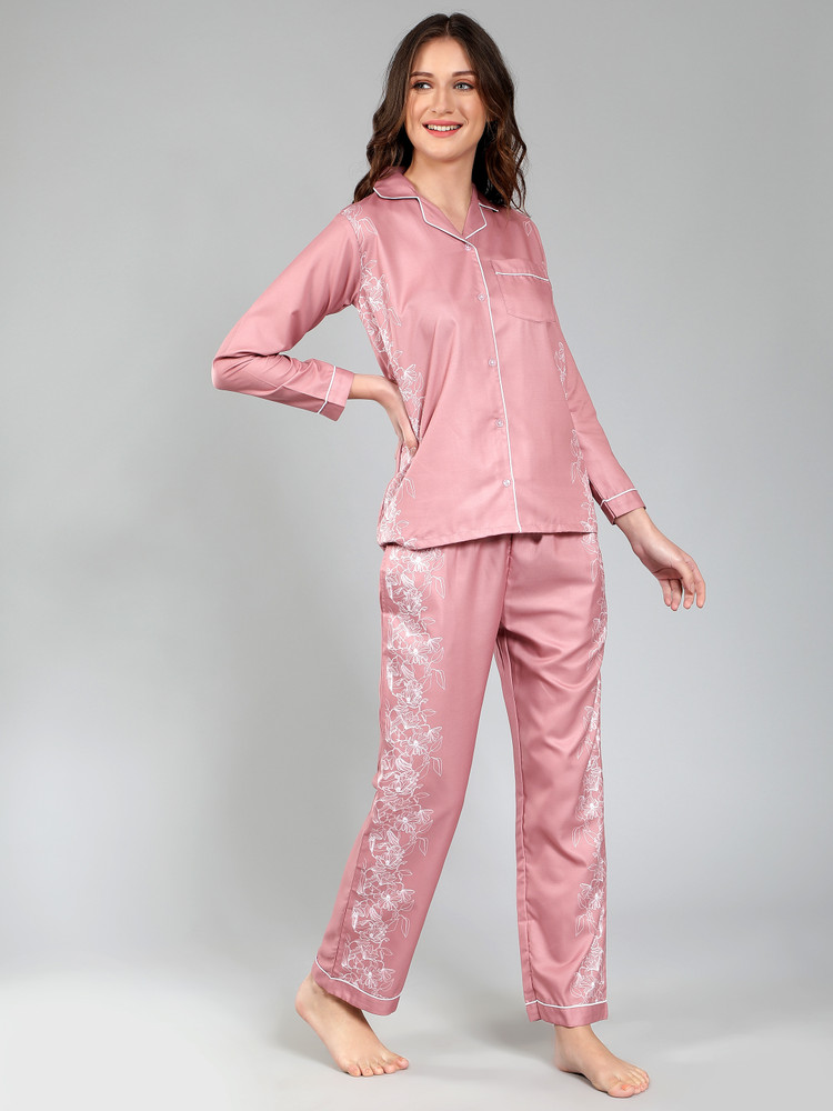 HouseofComfort Women Printed Pink Multicolor White Top Pyjama
