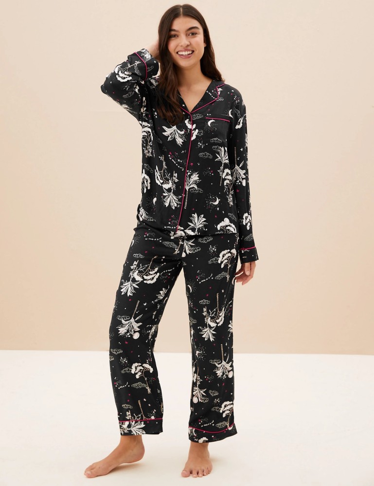 MARKS SPENCER Women Printed Black Top Pyjama Set Price in