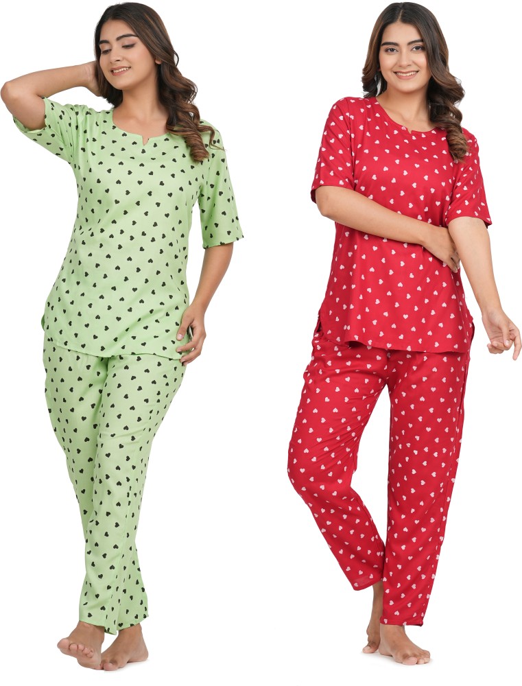 canvir Women Printed Light Green Red Night Suit Set Price in