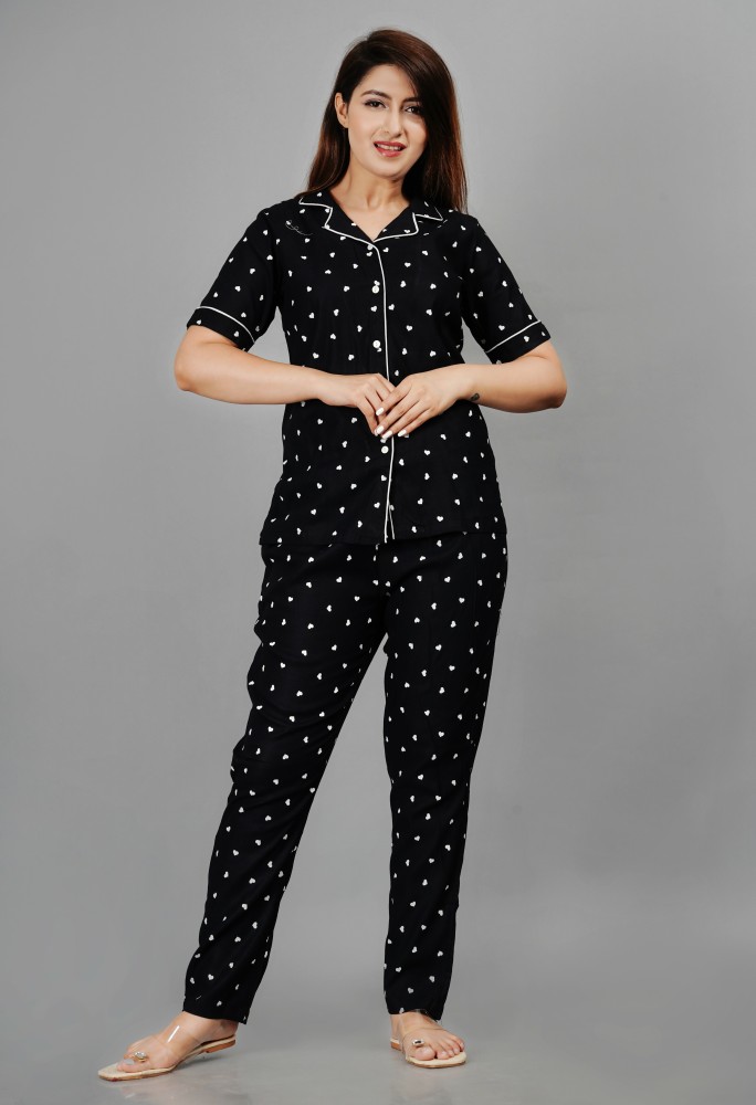 TREND ME Women Printed Black Shirt & Pyjama set Price in India