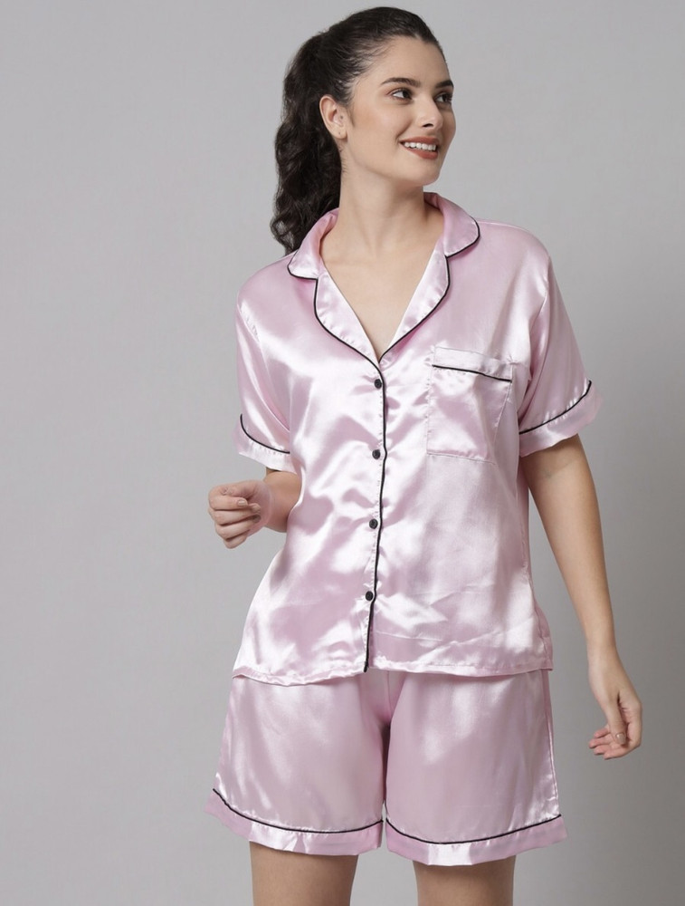 ColorMeGorgeous Women Solid Pink Night Suit Set Price in India