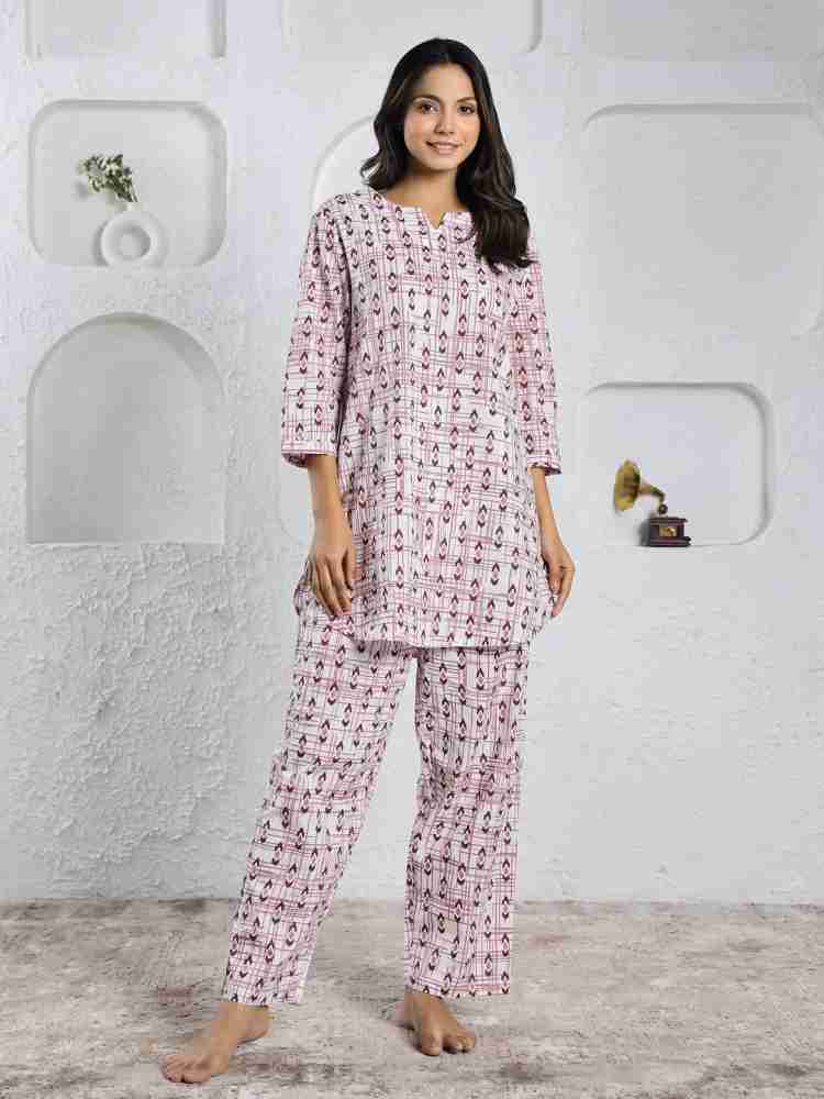 White Printed Full sleeves Cotton Night suit – Sanskruti Homes