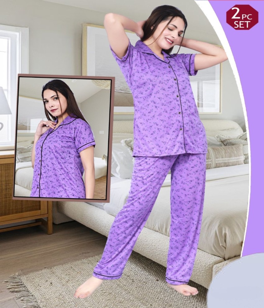 Uzarus Women's Cotton Printed Night Suit Set Of Shirt Pyjama, Cute Printed  Night Suits