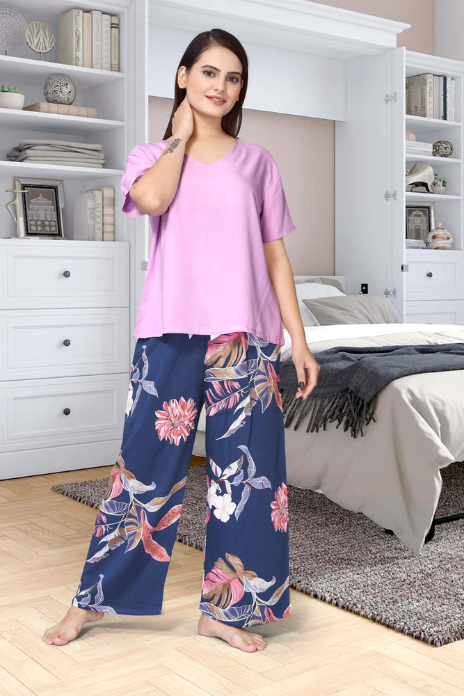 TRITANTU Women Printed Pink Blue Top Pyjama Set Price in India