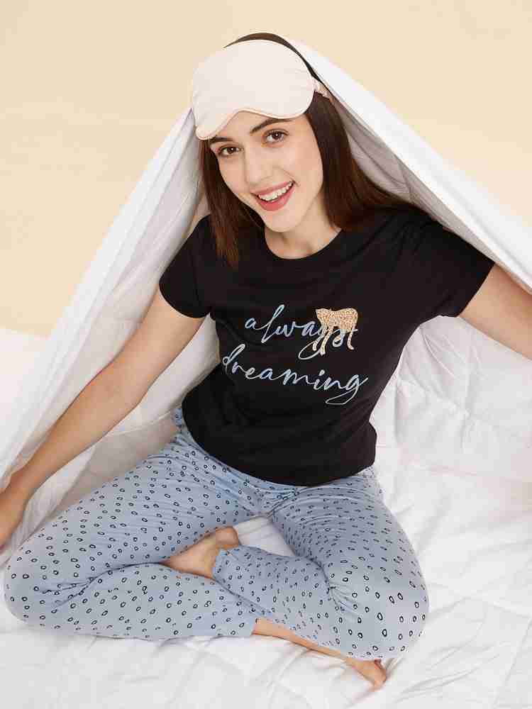 SWEET DREAMS Women Printed Black Top Pyjama Set Price in India