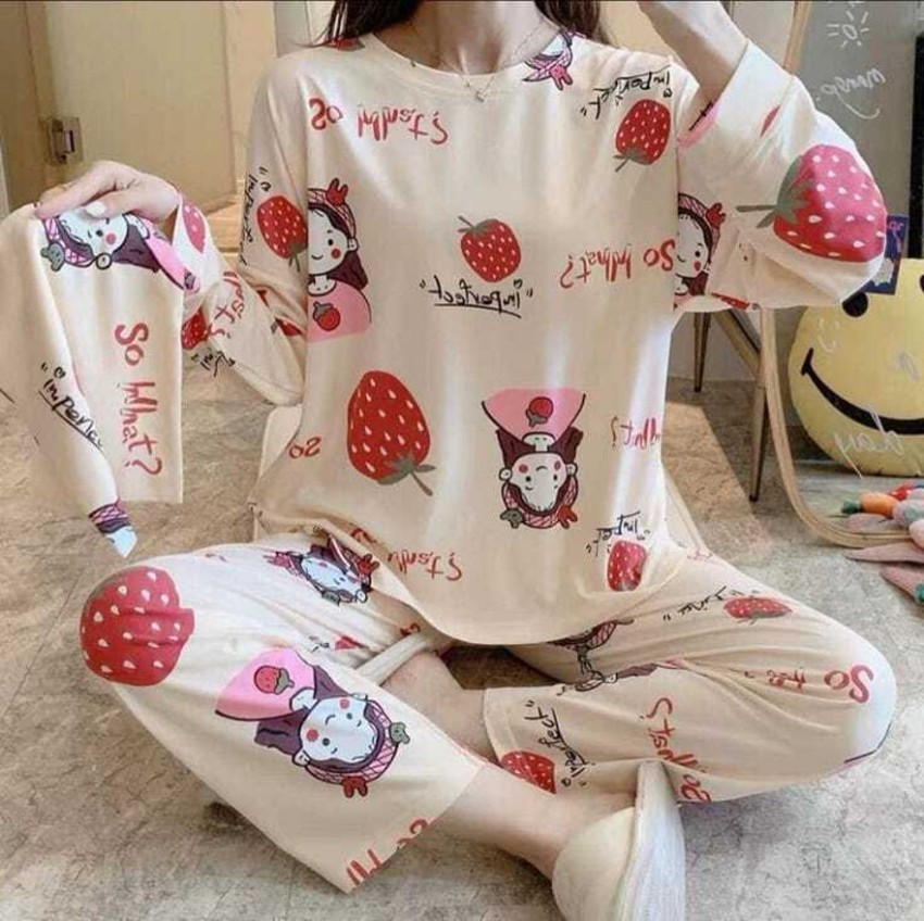 Buy KRV Women's Cotton Printed Night Suit Set of Pink T-Shirt