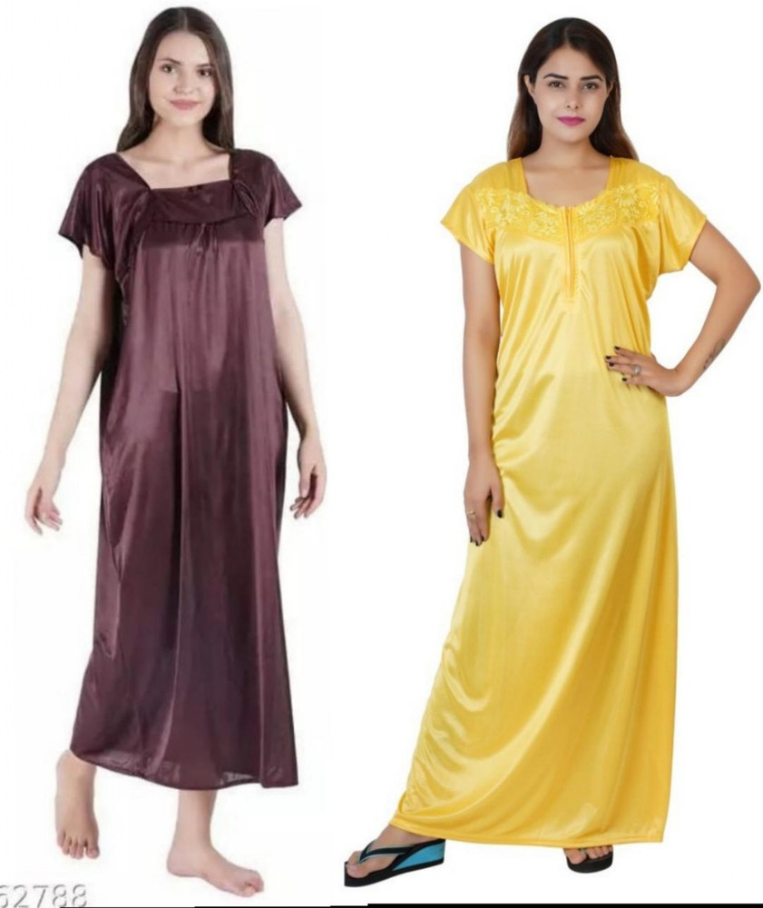 Beauty World Women Solid Brown Red Night Suit Set Price in India