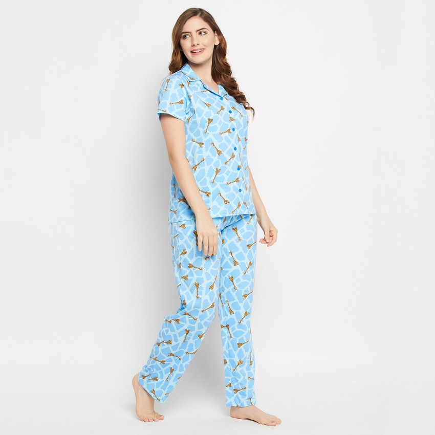 Clovia Women Floral Print Blue Top & Pyjama Set Price in India