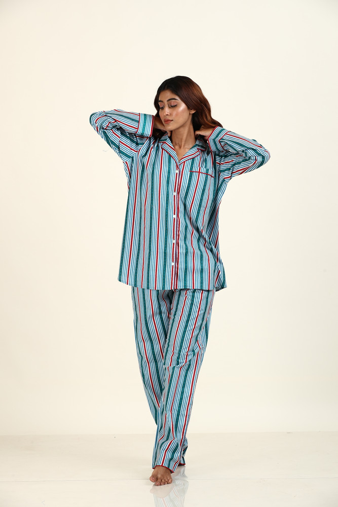 FEEL COMFORT Women Striped Blue Shirt Pyjama set Price in India