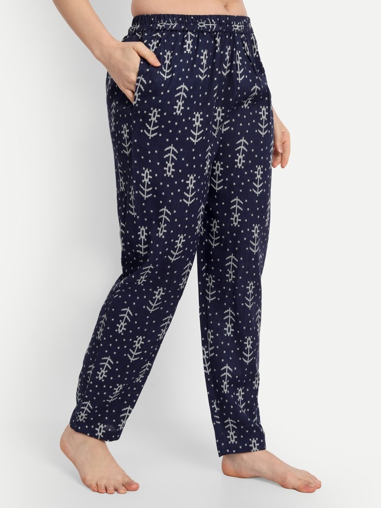 Cotton Printed Night Pants For Women - Blue, Night Dress Set For