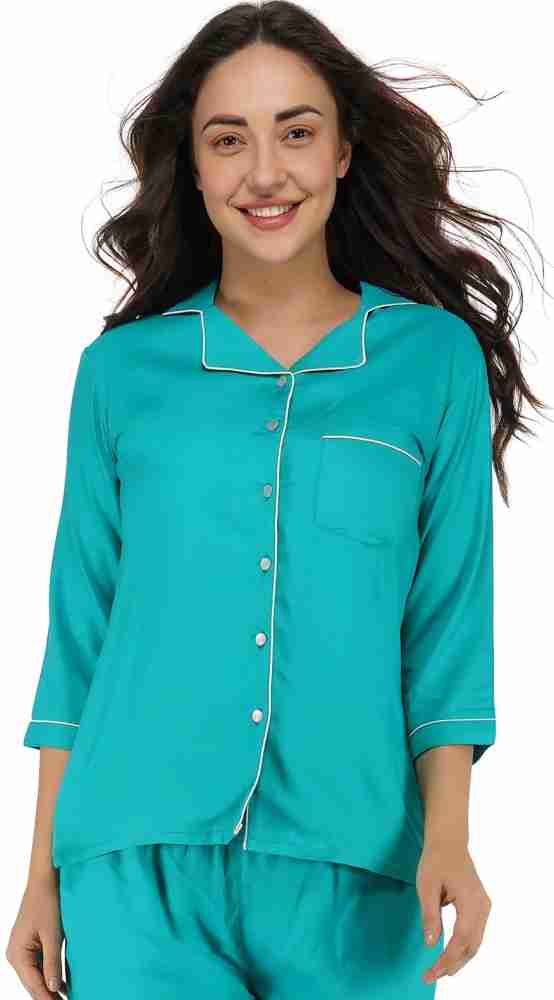 Bhumante Women Solid Blue Shirt Pyjama set Price in India Buy