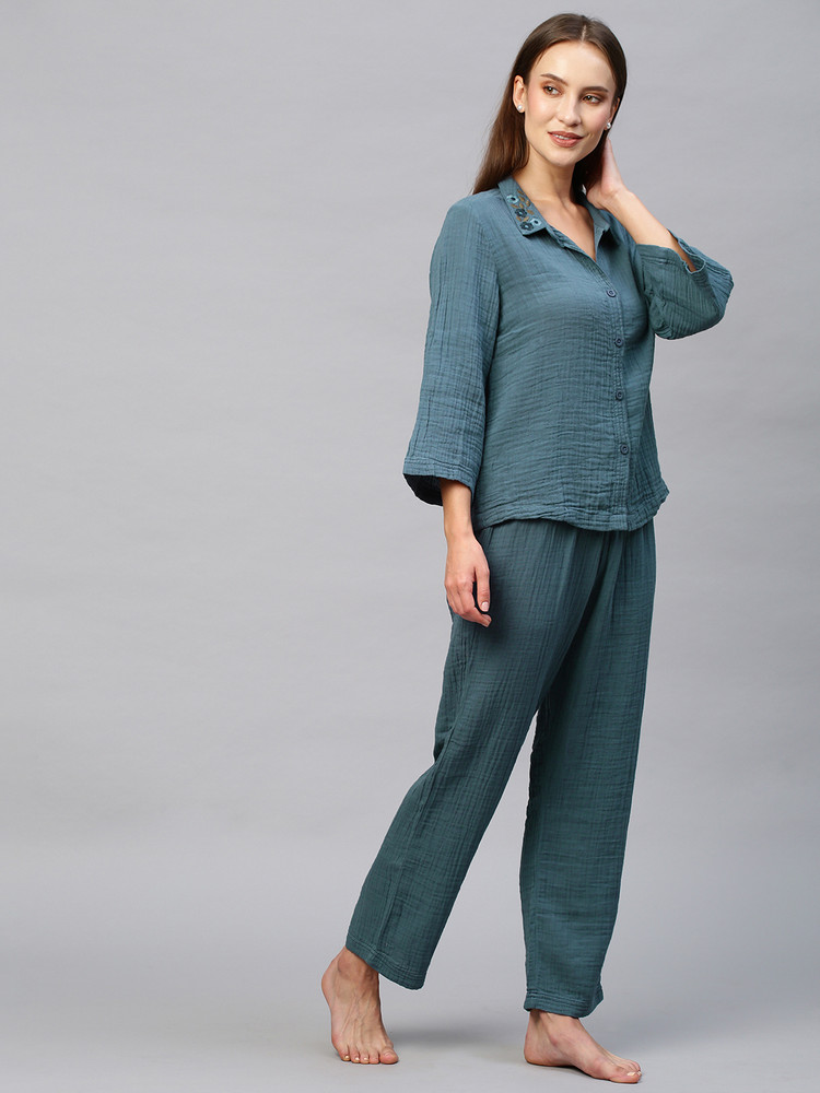 CHEMISTRY Women Solid Blue Shirt Pyjama set Price in India Buy CHEMISTRY Women Solid Blue Shirt Pyjama set at Flipkart Shirt Pyjama set