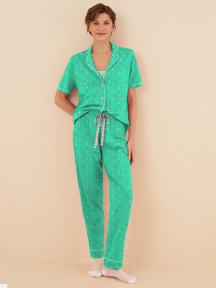 Bloomsberry Women Printed Green Shirt Pyjama set Price in India