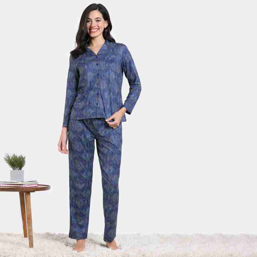 Zivame Blue Printed Maternity Shirt With Pyjamas