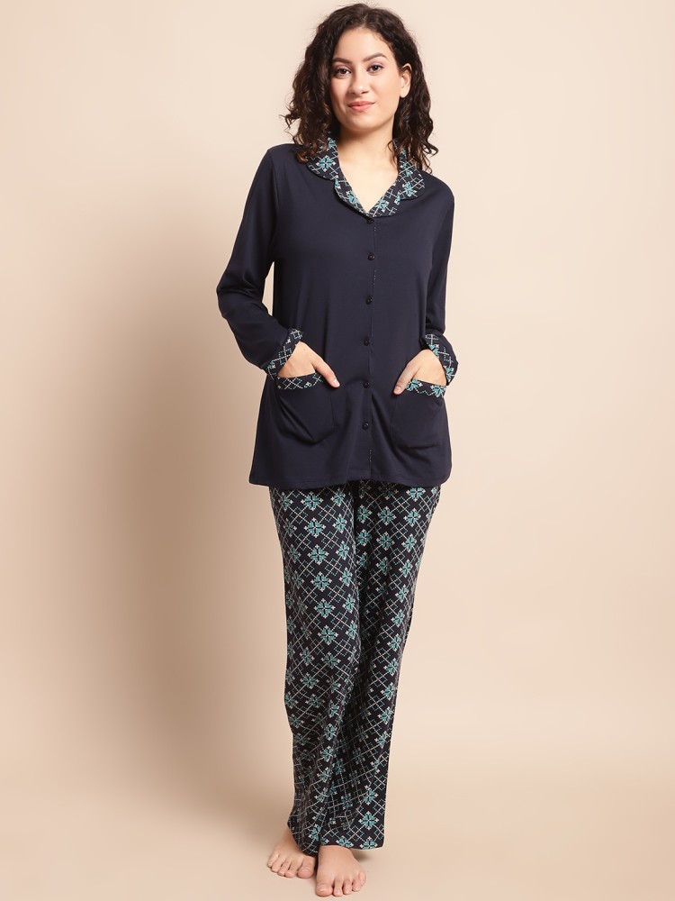 Kanvin Women Printed Dark Blue Night Suit Set Price in India Buy