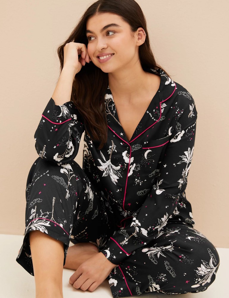 MARKS & SPENCER Women Printed Black Top & Pyjama Set Price in