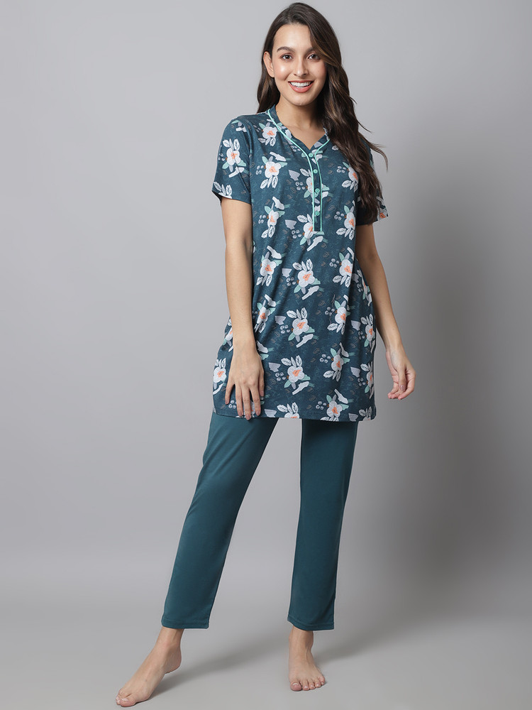 Kanvin Women Self Design Dark Green Night Suit Set Price in India