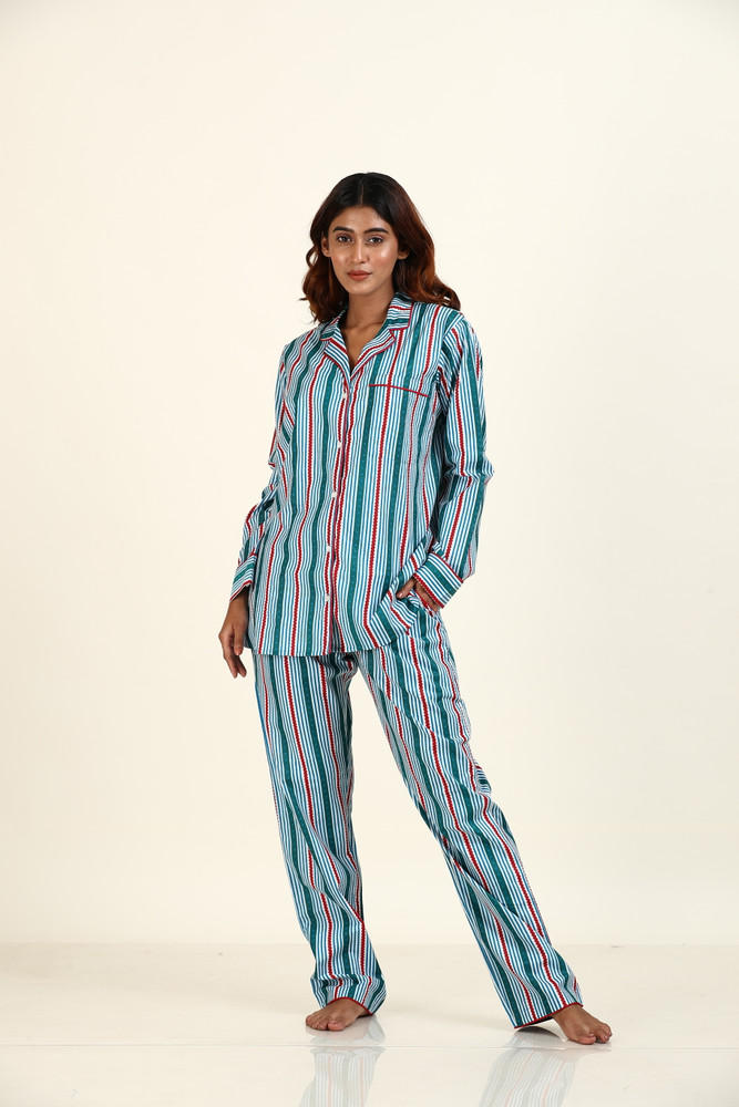 FEEL COMFORT Women Striped Blue Shirt Pyjama set Price in India