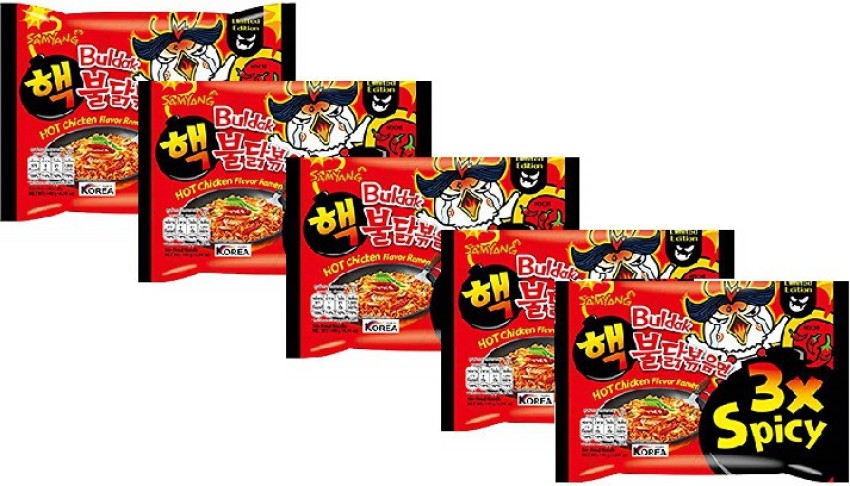 Samyang 3X Spicy Hot Chicken Flavour Instant Korean Noodles -140g(Pack of  5), (Imported) Instant Noodles Non-vegetarian Price in India - Buy Samyang  3X Spicy Hot Chicken Flavour Instant Korean Noodles -140g(Pack of  5)