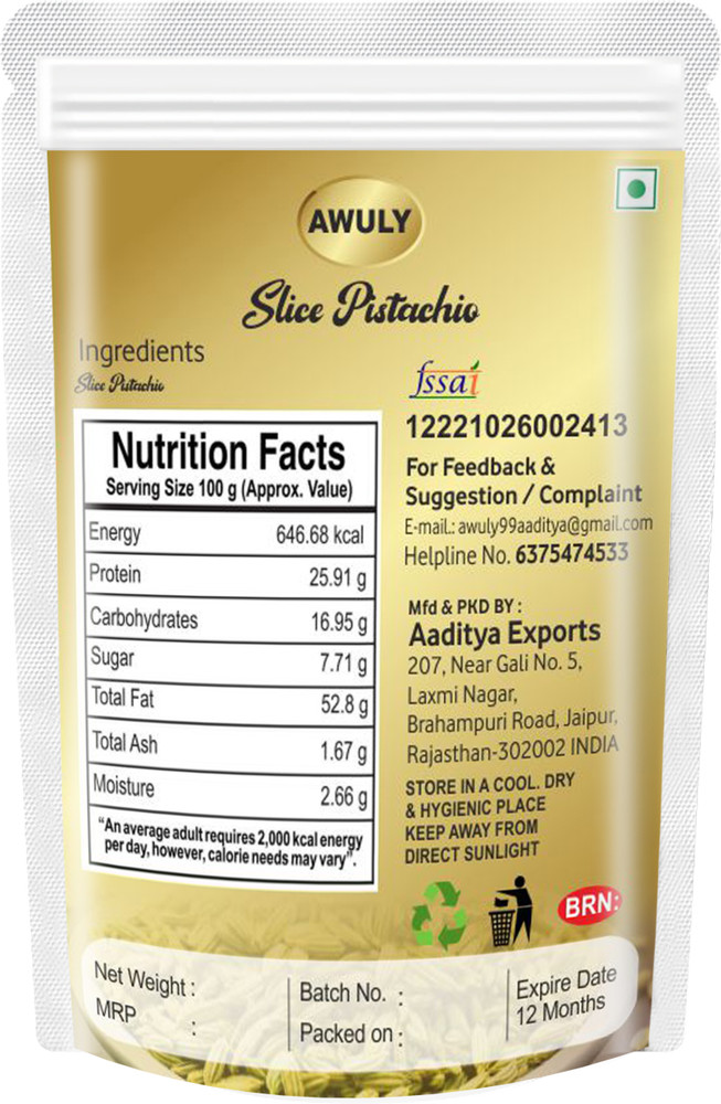 AWULY Pure Raw Pistachios Flakes sliced Pista Katran Use Bakery