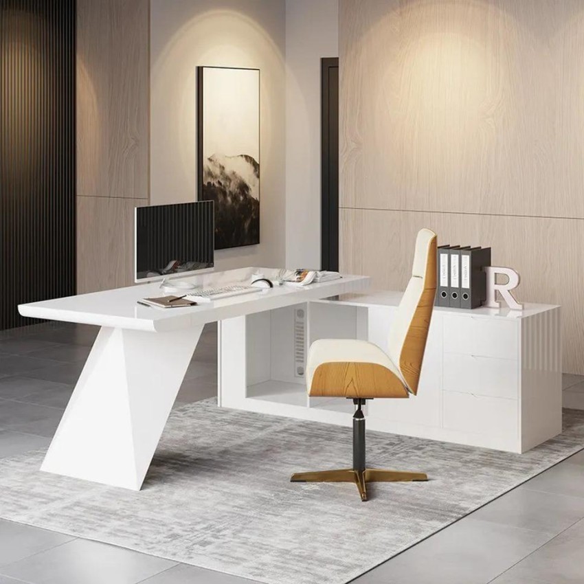 71 Modern White Computer Desk Rectangular Executive Desk with Abstract Base