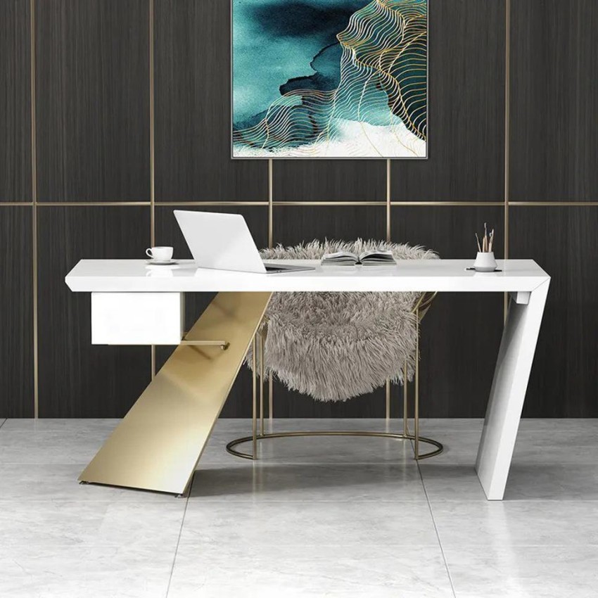 71 Modern White Computer Desk Rectangular Executive Desk with Abstract Base