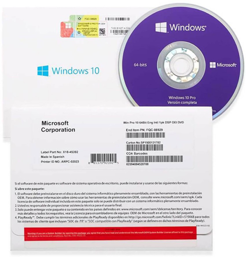 MICROSOFT Windows 10 Professional (1 User, Lifetime Validity) DVD OEM  English Version 2023 64/32 Bit - MICROSOFT 
