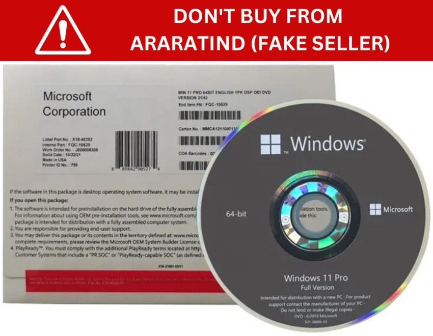 MICROSOFT Windows 11 Professional (1 User, Lifetime Validity) English OEM  DVD Pack Latest 64/32 Bit - MICROSOFT : Flipkart.com