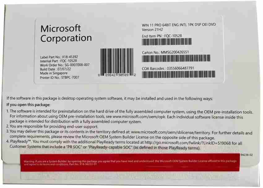 MICROSOFT Windows 11 Professional DVD Pack (1 PC/User, Lifetime Validity)  OEM Version 64/32 Bit - MICROSOFT 