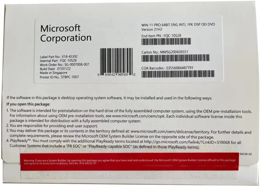 MICROSOFT Windows 11 Pro (1 User, Lifetime Validity) DVD Pack OEM Latest  64/32 Bit - MICROSOFT 
