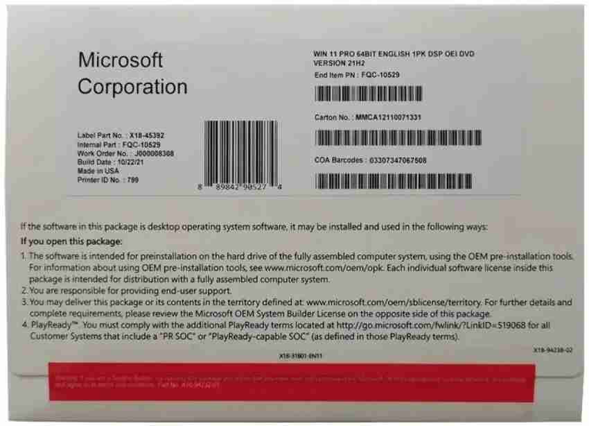 MICROSOFT Windows 11 Professional OEM,1 PC,Lifetime Validity