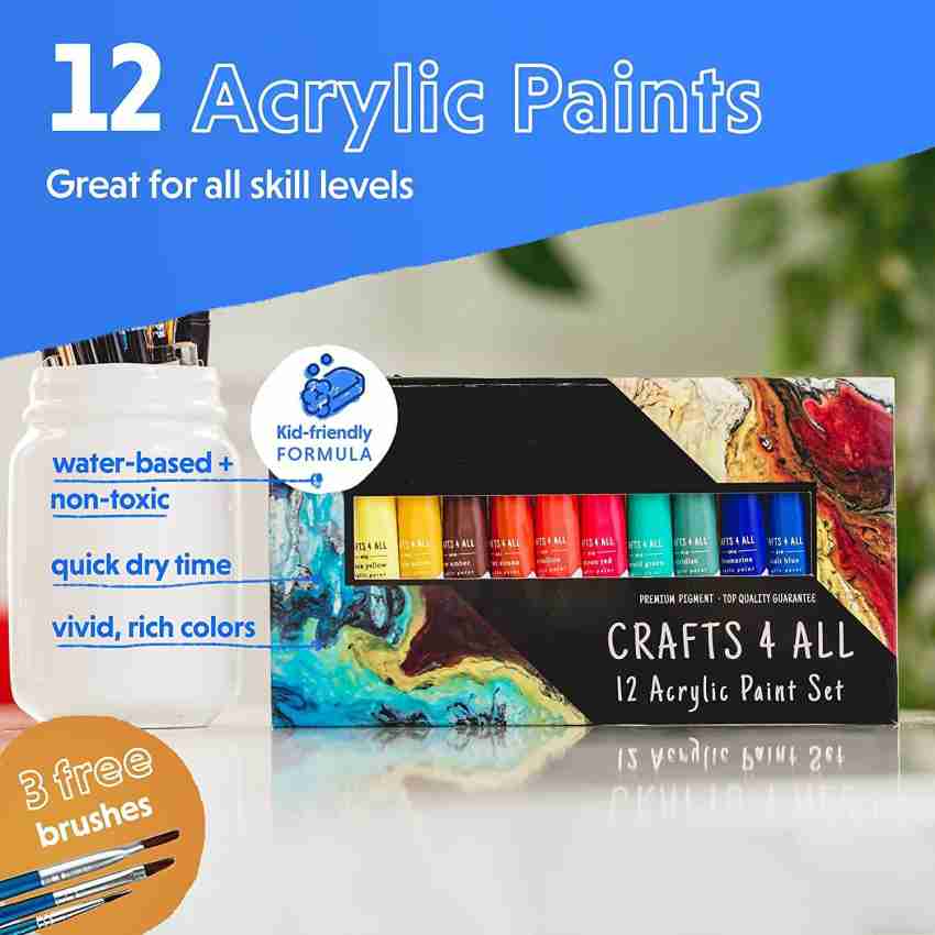 Crafts 4 All Acrylic Paint Set for Adults and Kids - 12 -Pack of 12mL  Paints for Canvas, Wood & Ceramic w/ 3 Art Brushes - Non-Toxic Craft Paint  Sets - Stocking…