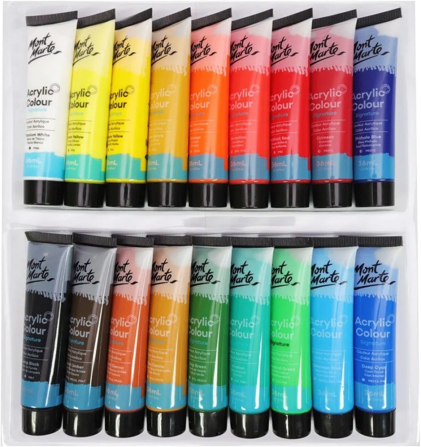 Mont Marte Studio Acrylic Paint Set, 18 Piece, 36ml Tubes. Lightfast Colours with Great Coverage, Ideal for Canvas, Wood, Fabric, Leather, Cardboard