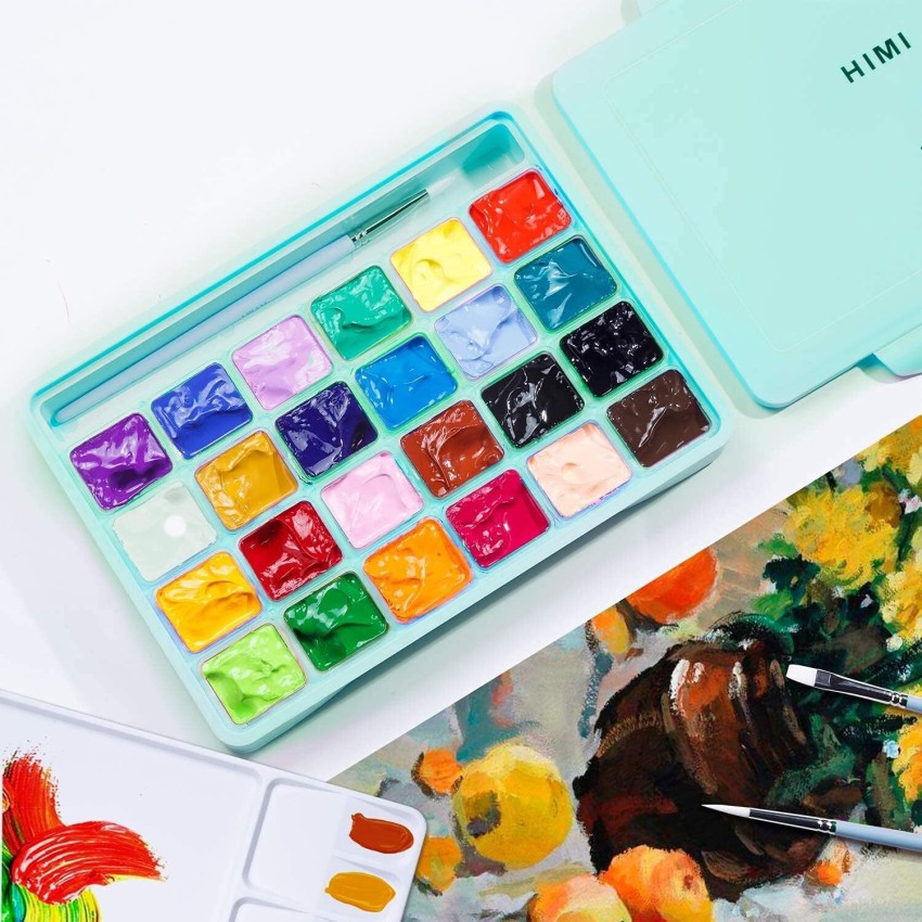 HIMI Gouache Paint Set, 24 Colors x 30ml Unique Jelly Cup Design with 3  Paint Brushes and a Palette in a Carrying Case Perfect for Artists,  Students