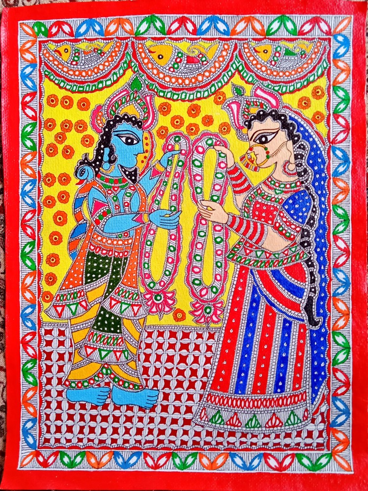 MITHILA HUNAR MADHUBANI PAINTING RAM SITA JAIMAAL Acrylic 15 inch