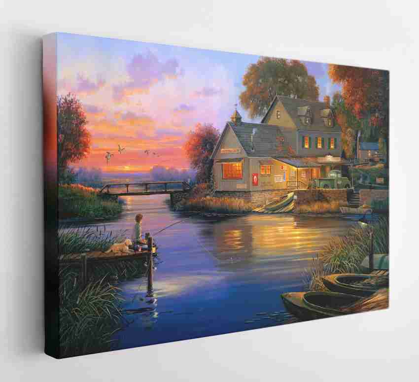 GIFTMASTER Young Boy Fishing In River Landscape Painting Wall Art