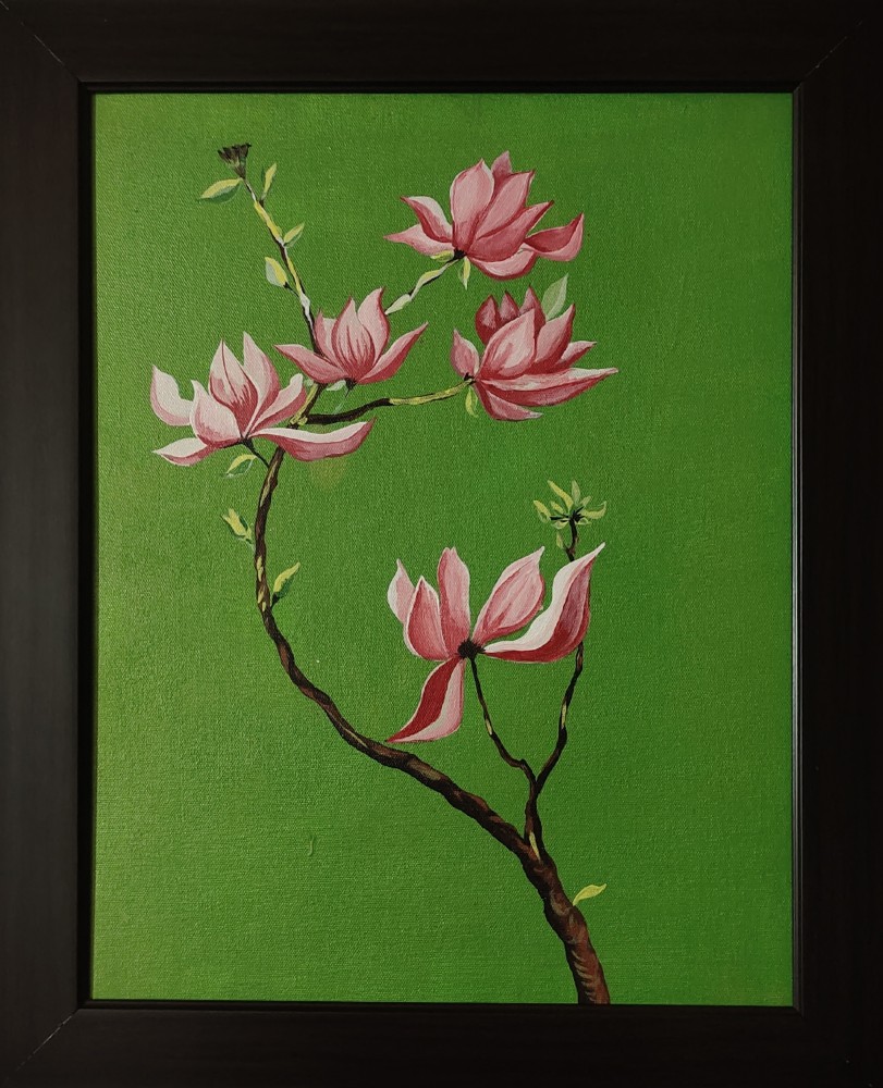 Dikxoo Pink Flowers In Green painting Acrylic 21 inch x 17 inch