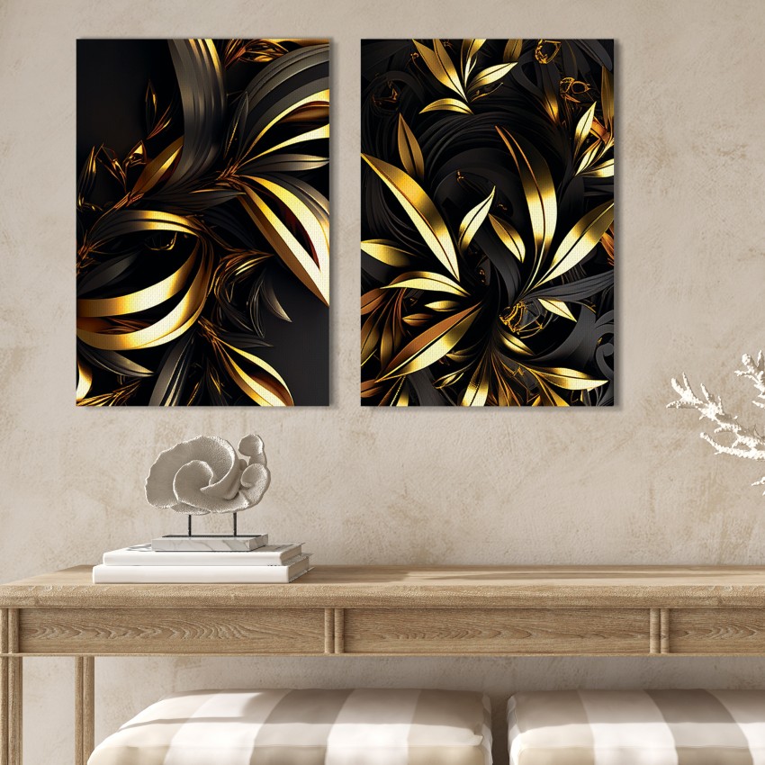 KOTART Black golden leaf wall art for wall hanging paintings Canvas 21 inch  x 15 inch Painting Price in India - Buy KOTART Black golden leaf wall art  for wall hanging paintings