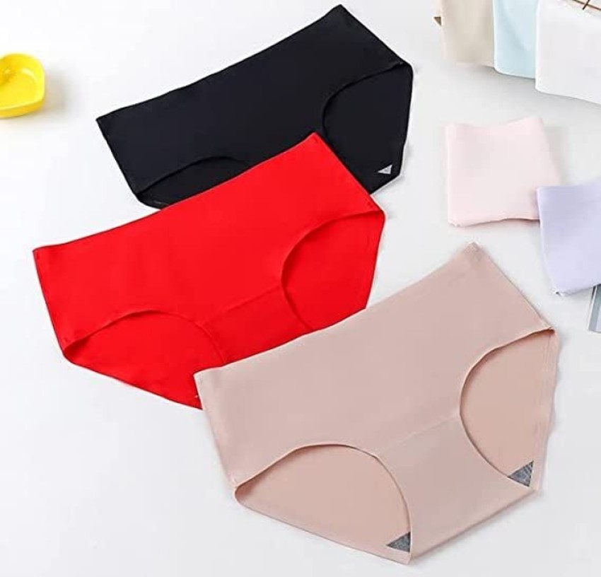 Pack of 3-Women's Cotton Ice Silk Seamless Panties Hipster Briefs Ladies  Innerwear Medium Waist Soft