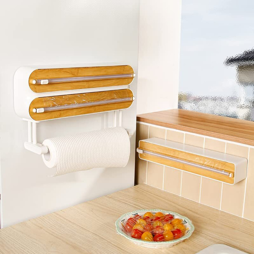 HOUSE OF QUIRK Compatible with Cling Film Tin Foil and Wax Paper 3 in 1 Aluminum Foil and Plastic Wrap Organizer with Paper Towel Holder Paper Dispenser Price in India Buy