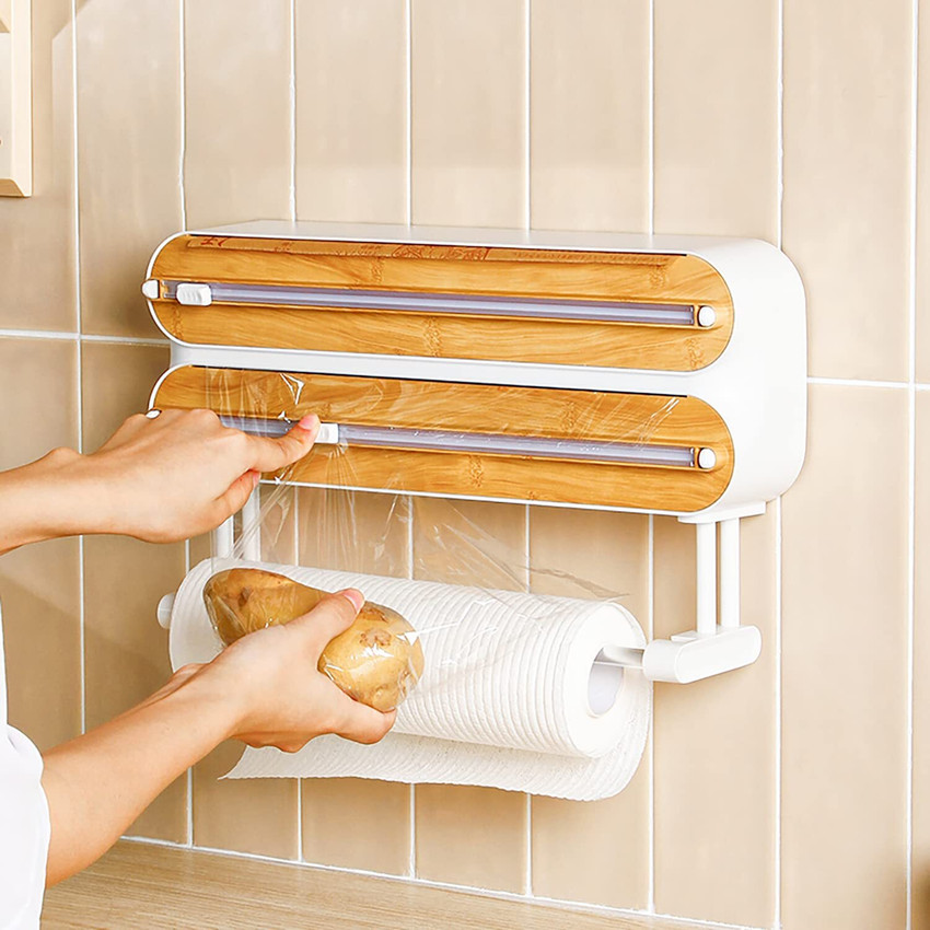 HOUSE OF QUIRK Compatible with Cling Film Tin Foil and Wax Paper 3 in 1 Aluminum Foil and Plastic Wrap Organizer with Paper Towel Holder Paper Dispenser Price in India Buy