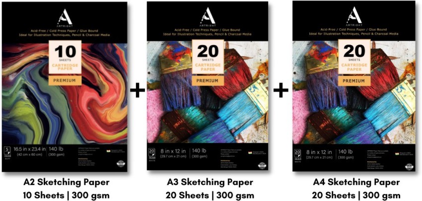 ArtRight Artists' Sketching Paper (A2 Pack of 20 Sheets, 300 GSM); Handmade  Cartridge Mixed Media Sheets of 300GSM for Pencil, Charcoal and Ink Media